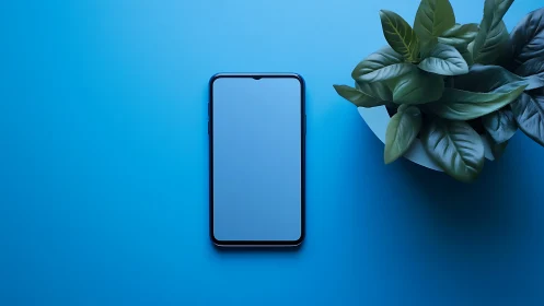 Mobile device positioned centrally against monochromatic blue background with foliage.