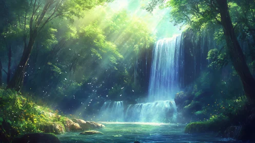Enchanted Waterfall Sanctuary Glowing with Ethereal Light