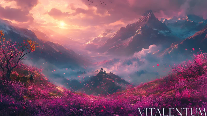 Sunlit sakura valley with distant temple and misty peaks.