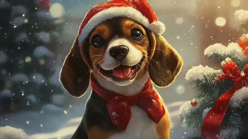 Digital painting of festive beagle puppy in snowy setting.
