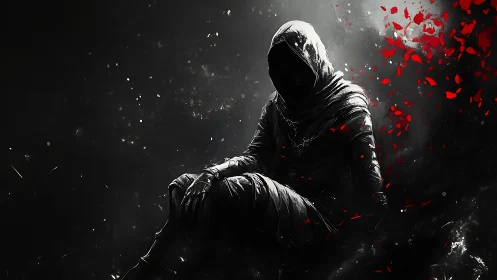 Hooded shadow figure in chiaroscuro with erupting red shards