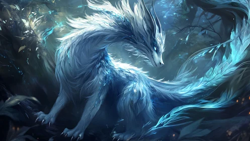 Bioluminescent fox-like creature in a dark forest setting.