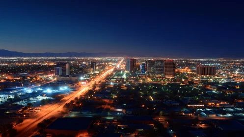 Neon desert boulevard streaking toward a sleepless skyline.