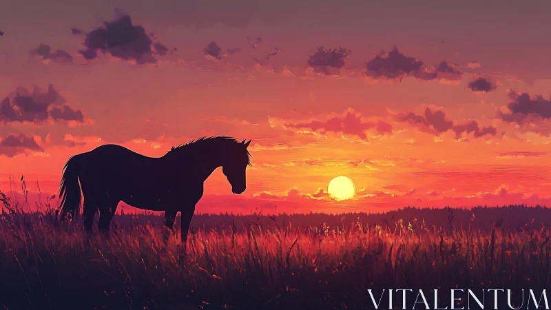 Silhouette of solitary horse against low sun over field.