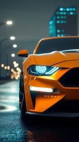 3D night render of orange sports car front fascia close-up.