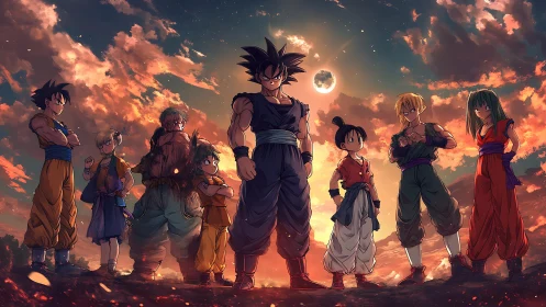 Anime warriors stand united under burning twilight sky.