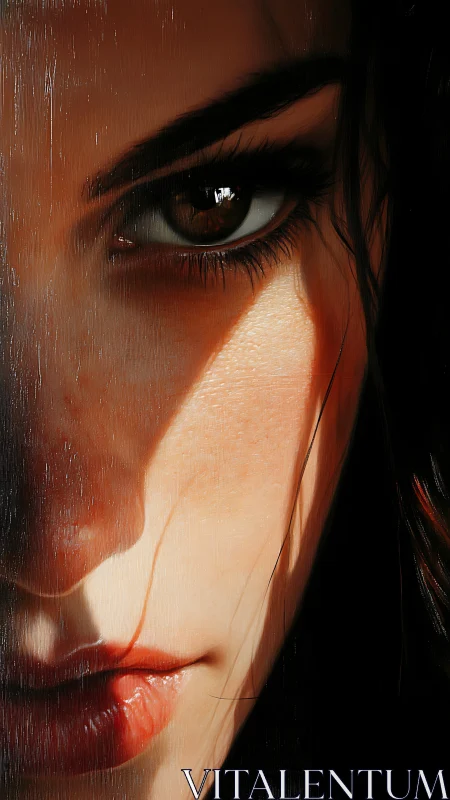 Hyperreal close-cropped portrait under raking shadow light.