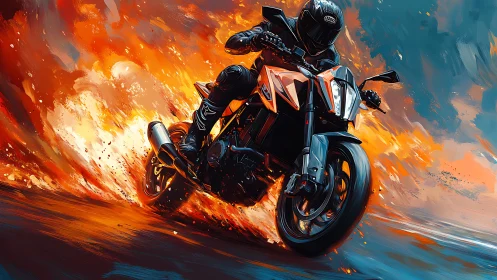 Motorcycle rider charges through fire in a dynamic neon blaze