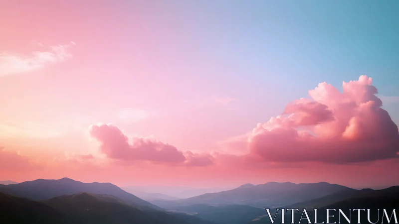 Pastel gradient sky over layered mountain horizon panorama.