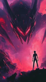 Silhouetted figure confronting colossal neon mech dragon.