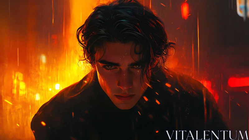 Brooding young man in neon rain, engulfed by fiery light.