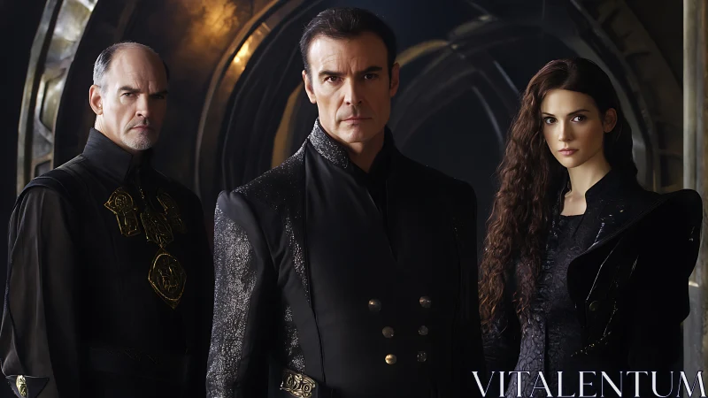 Regal trio standing in dark, elegant futuristic fashion.