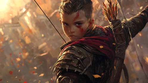 Young archer poised in a storm of golden embers.