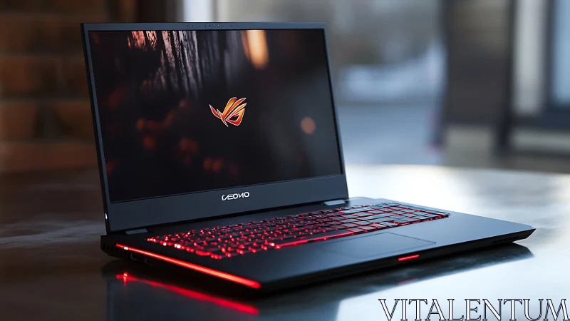 Sleek gaming laptop glows with fiery red backlit ambition.