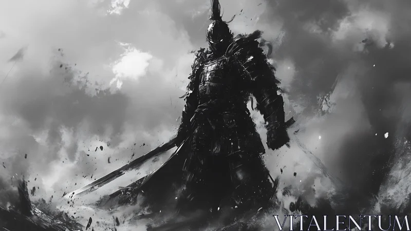 Armored warrior silhouette in monochrome storm setting.