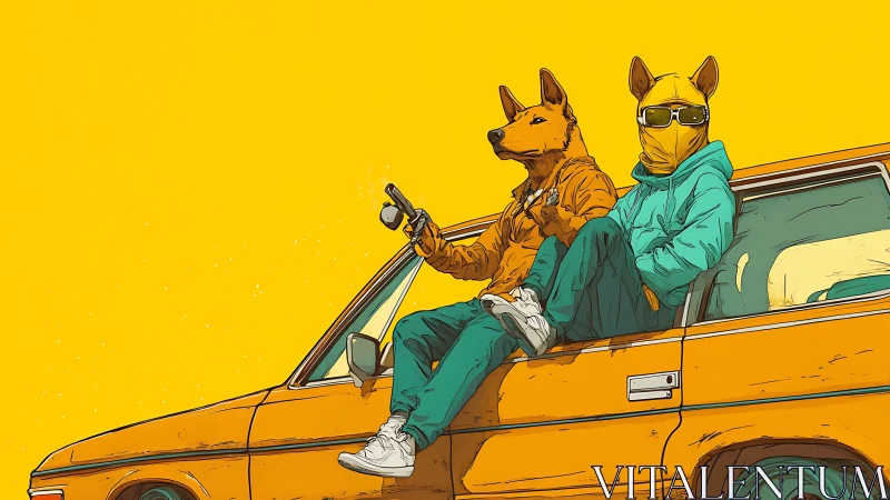 Anthropomorphic dog duo in streetwear on yellow car roof.