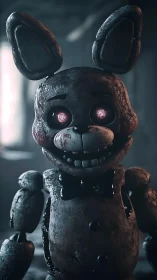 Corroded animatronic rabbit rendered with cinematic depth of field