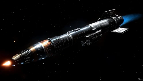 Long-range modular spacecraft with dual exhaust plumes under starfield