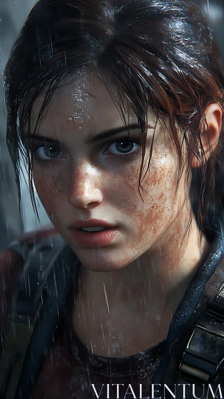 Rain-soaked survivor portrait with intense steely gaze.