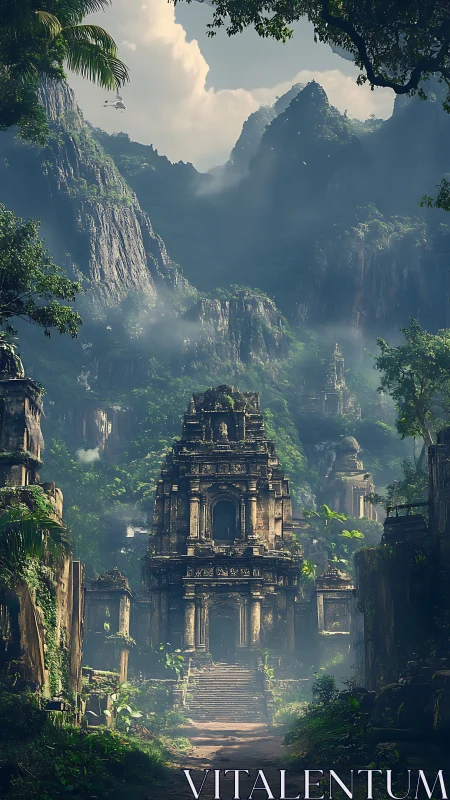Mist-draped jungle temple gateway to forgotten thunder gods.