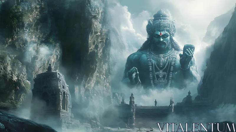 Titanic mountain deity guards mist shrouded stone temple