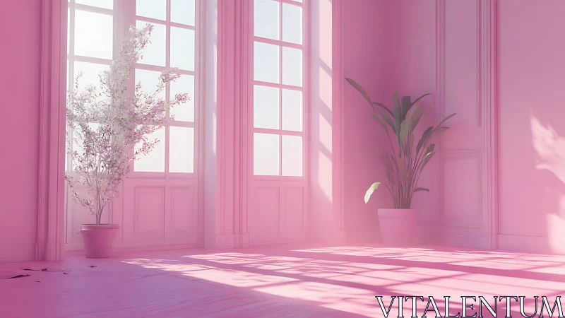 Sunlit pink interior shows tall windows and two potted plants