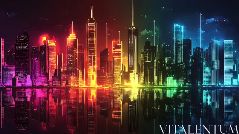 Neon spectrum skyline over reflective futuristic waterfront.
