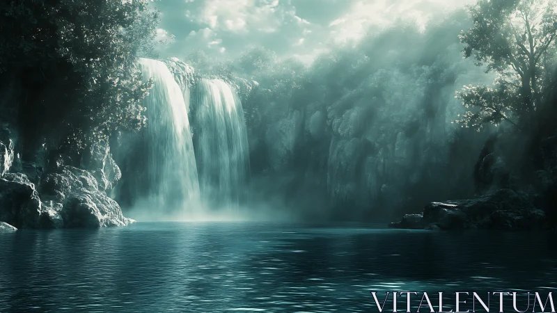 Waterfall and forest cliffs over calm reflective lagoon.