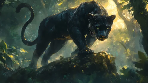Black Panther in Misty Jungle Environment.