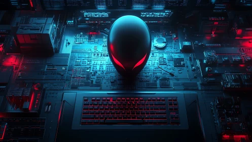 Alien-like cyber skull above illuminated gaming keyboard.
