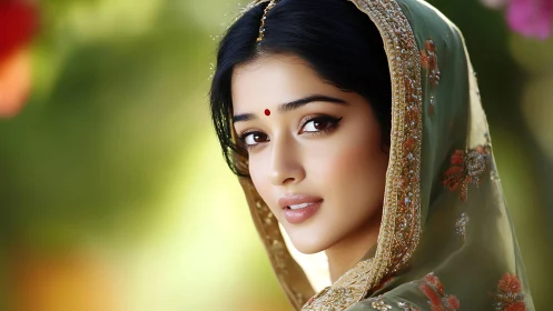 Soft gaze beneath an embroidered green dupatta, glowing quietly.