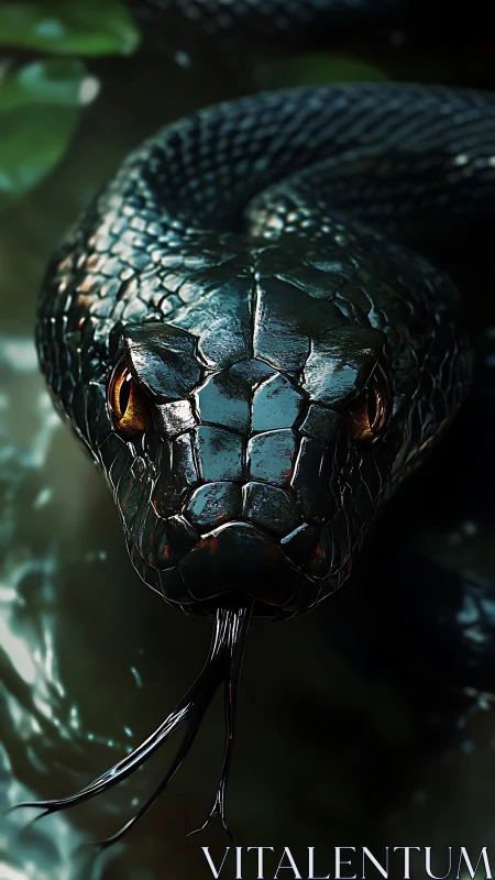 Gleaming jungle serpent holds the camera in molten gold stare