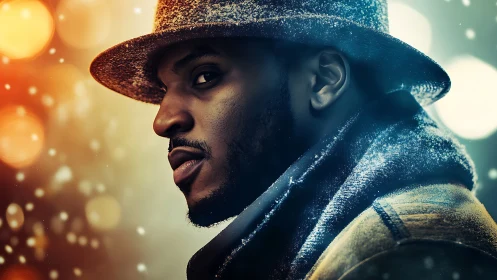 Winter-lit gaze of a man in hat amid swirling city bokeh.