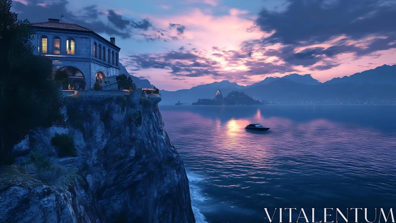 Cliffside Villa Glows at Twilight Over Tranquil Waters
