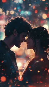 Silhouetted Couple Intimate Moment with Bokeh Light Effect.