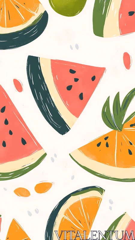 Digital painting of abstract citrus and melon slice pattern design.
