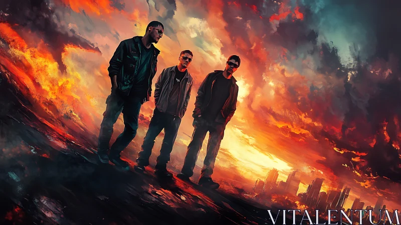 Three men stand before a burning, stormy urban skyline