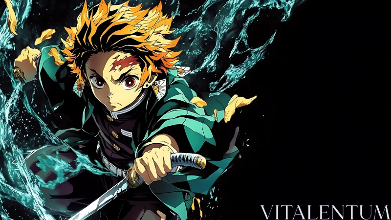 Anime swordsman lunges forward with water energy arc.