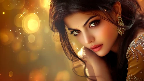 Digital portrait depicts woman in warm bokeh lighting conditions