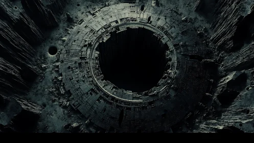 Circular subterranean shaft within eroded rocky terrain.