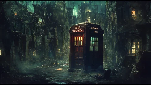 Lone sci fi phone box glowing in ruined dystopian alleyway.