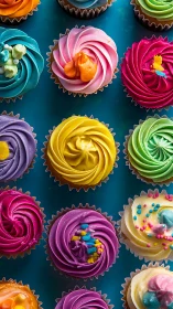 Colorful frosted cupcakes arranged on teal background surface.