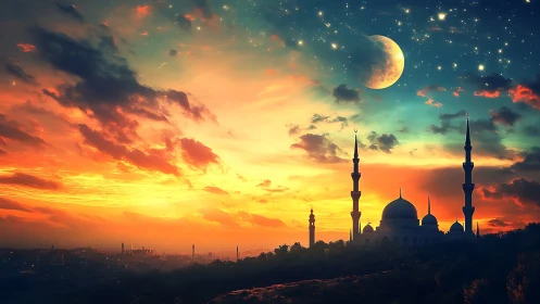 Crescent moon glows above silhouetted mosque at vivid sunset