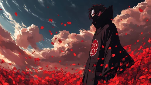 Storm-kissed wanderer drifts through a scarlet leaf sea