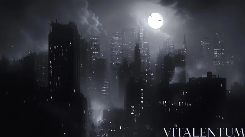 Noir metropolis skyline under stark moonlit haze at night.