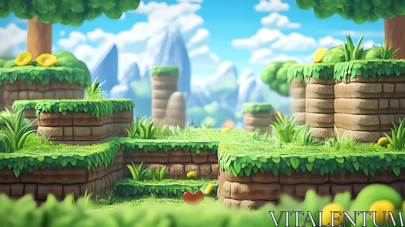 Vibrant 3D platformer landscape with brick platforms and golden coins.