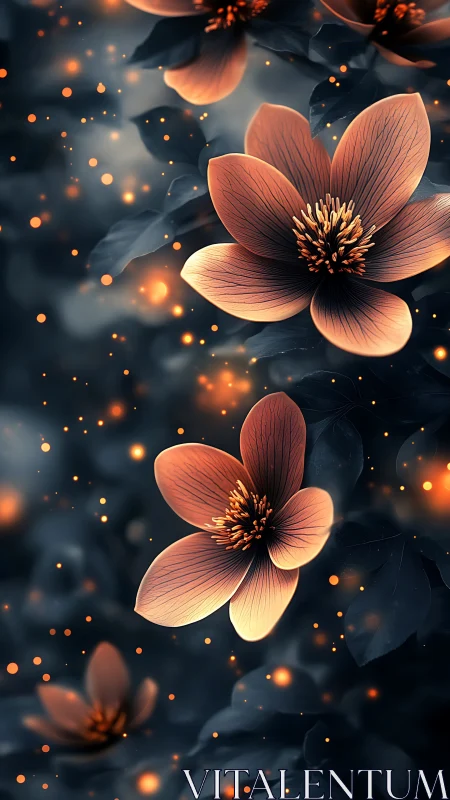 Glowing Flowers with Magical Orange Particles
