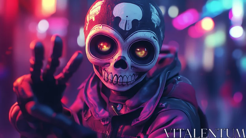 Neon skull-masked figure in cybernetic street illumination.