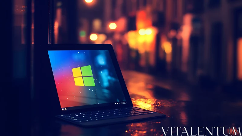 Backlit tablet PC with Windows interface in nocturnal streetscape.
