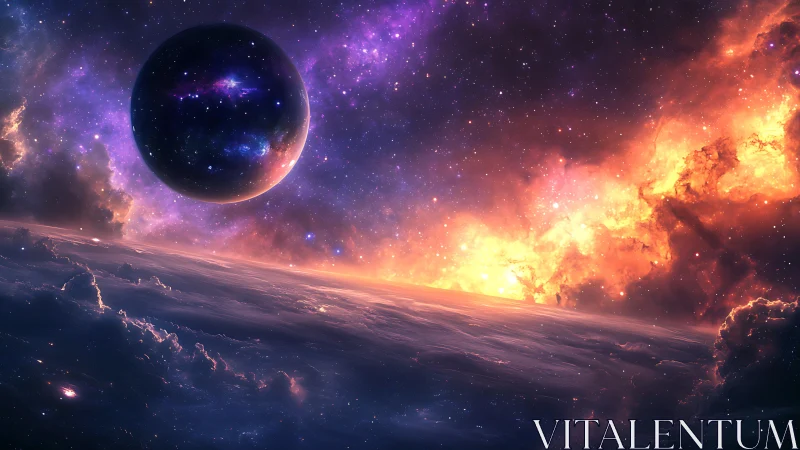 Distant planet above clouded horizon in glowing nebula.